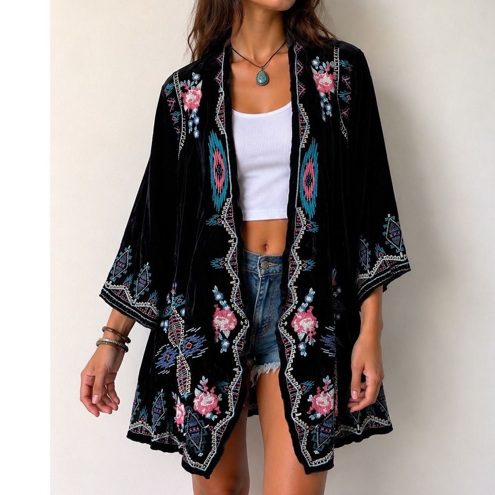 JW Los Angeles Johnny Was Black Velvet Embroidered Kimono cardigan silk XXL
